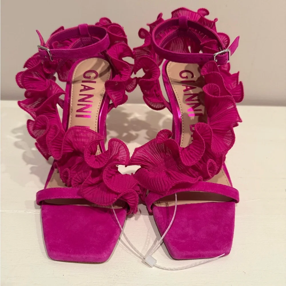 Gianni Bini Women's Franz Suede Chiffon Pink Ruffle Heel Sandals - Picture 6 of 8